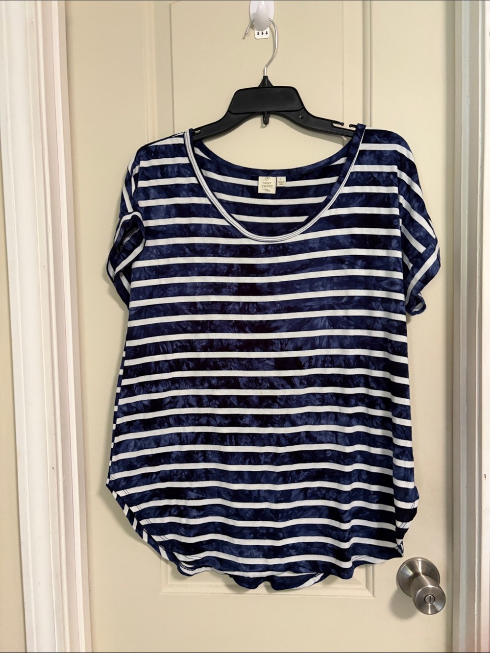 Summer Saint Tropez west women’s pullover top blouse navy white striped size L